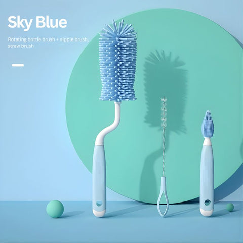 Baby Pro 3 in 1 Rotating Baby Milk Bottle Wash Cleaner Silicone Brush Set