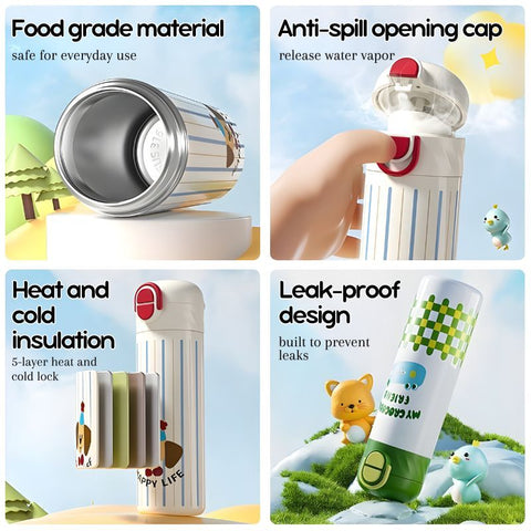Baby Pro Cute Designs Leakproof Stainless Thermos Cup with Straw & Drinking Port