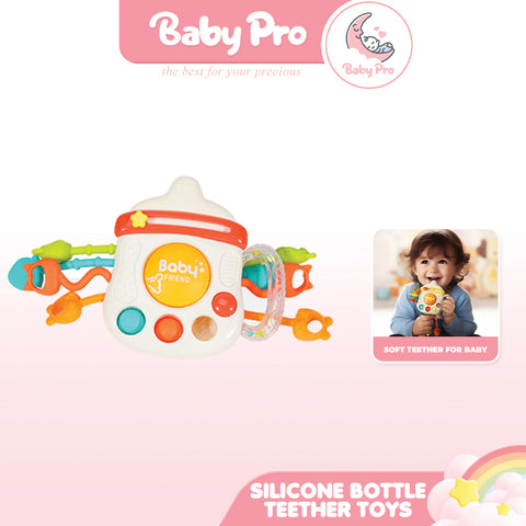 Baby Pro Baby Milk Bottle Shaped Silicone Teether Toys With Silicone Pull String
